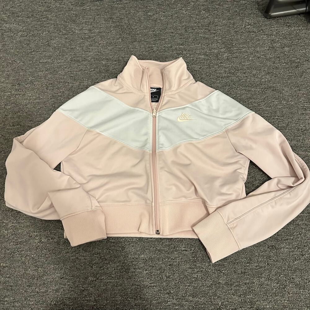 Nike Pink White Color Block Long Sleeve Mock Neck Full Zip Crop Sweater Sz M